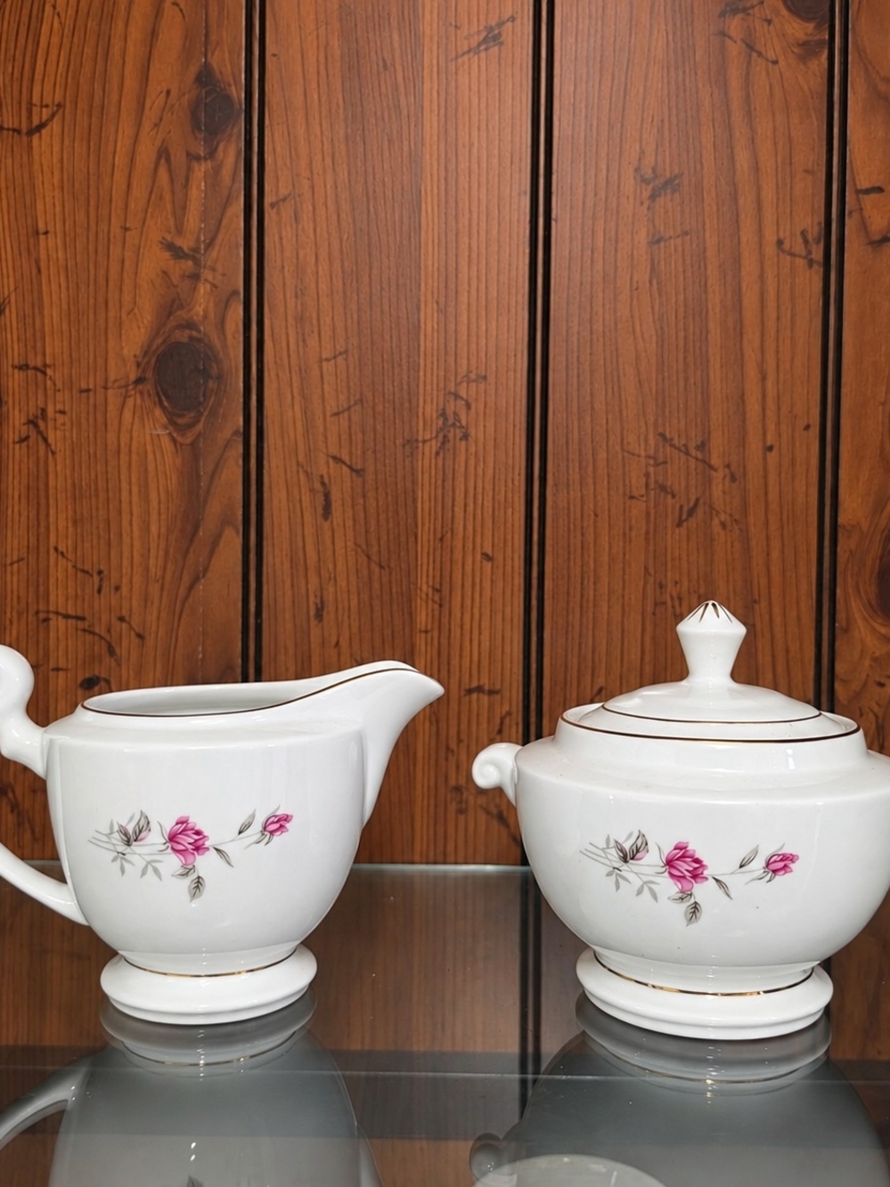 White Porcelain Sugar Bowl and Creamer Set with Pink Rose Motif